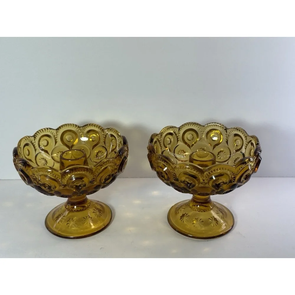 Vintage LE Smith Amber Moon and Star Glass Candle Holder Footed Compote Bowl Lot